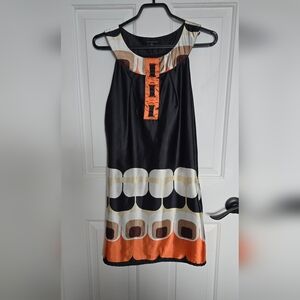 Black Satin A Line Dress with Geometric Hem and Orange Accents